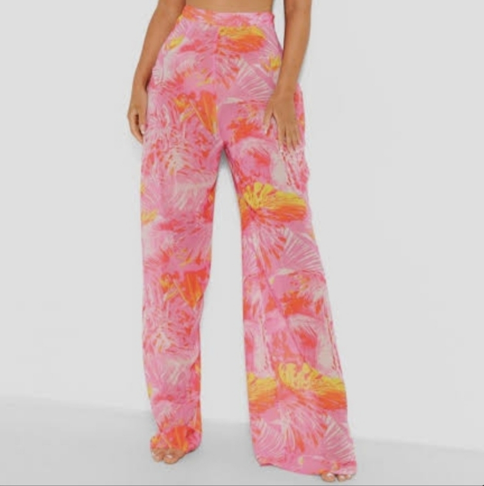 Boohoo Plus Pink and Orange Tropical Wide-Leg Pants